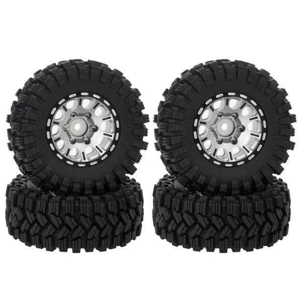 MEUS Racing 1.2-inch Beadlock Wheels Brass Wheel &amp; Tire Set -4MM Negative Hub 77G For Traxxas TRX4M SCX24 FCX24 AX24 (Silver)