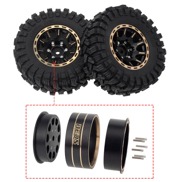 MEUS Racing 1.2-inch Beadlock Wheels Brass Wheel &amp; Tire Set -4MM Negative Hub 77G For Traxxas TRX4M SCX24 FCX24 AX24 (Black)