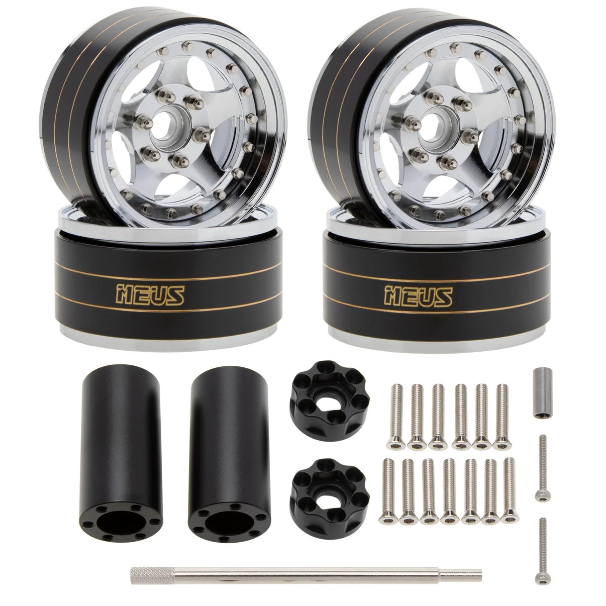MEUS Racing Brass + Aluminum 1.9-Inch Beadlock Rims with Double Wheel Support (Silver)