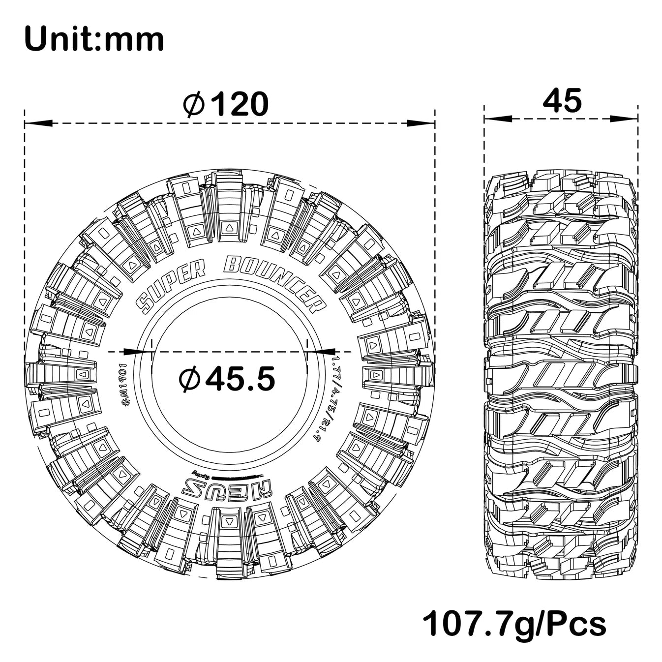 MEUS Racing 1.9 Inch MS6 Super Soft &amp; Sticky Super Bouncer Pin M1902 Rubber Tires for 1/10 - Six33 RC